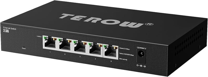 TEROW 5 Port 2.5G Ethernet Switch, 5 x 2.5Gb RJ45 Base-T Ports, Plug & Play/Fanless Metal Design 2.5Gbe Ethernet Unmanaged Network Switches, 5 Port 2.5GB Switch - Image 1